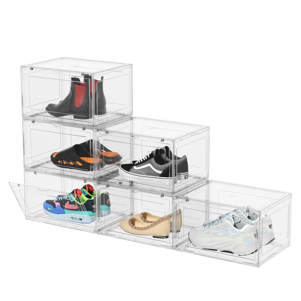 Large 6 Pack Plastic Stackable Shoe Organizer with Magnetic Door, Clear
