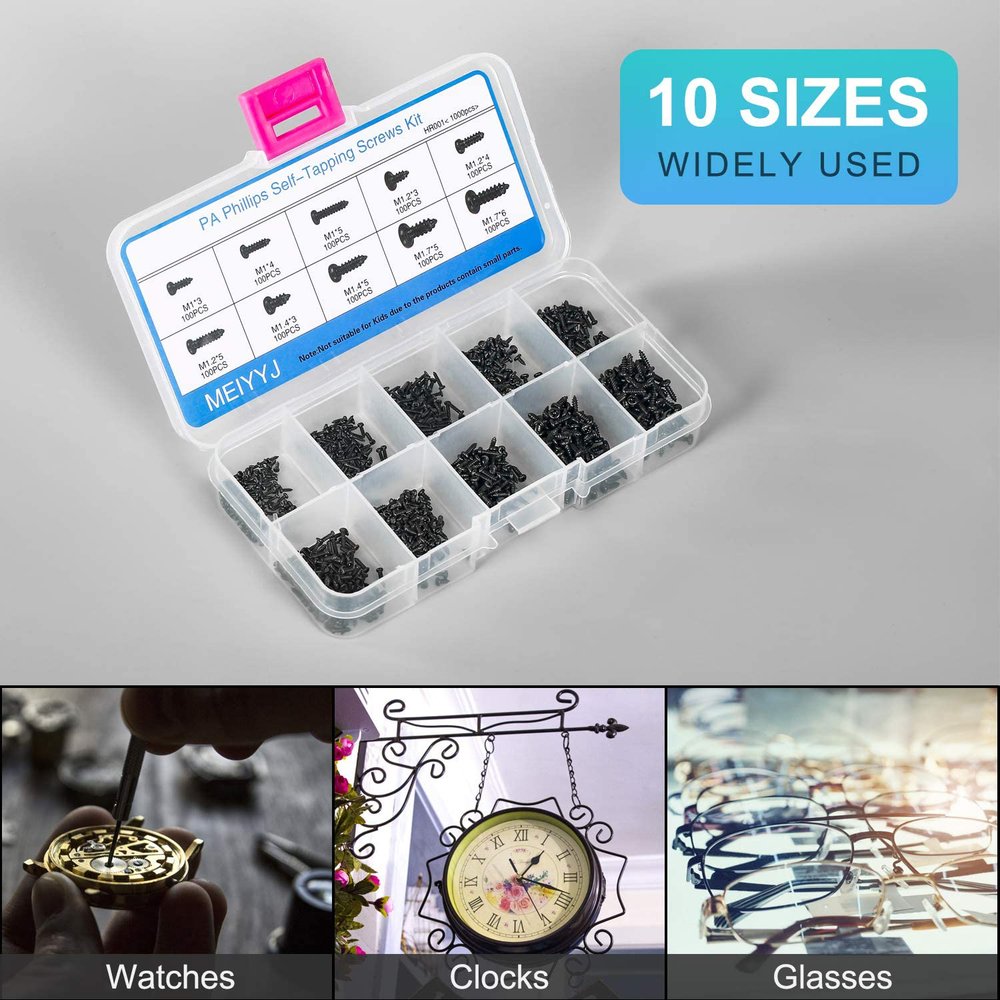 Pack of 1000 Small Multi-Purpose Self-Tapping Electronic Screws Assortment Kit