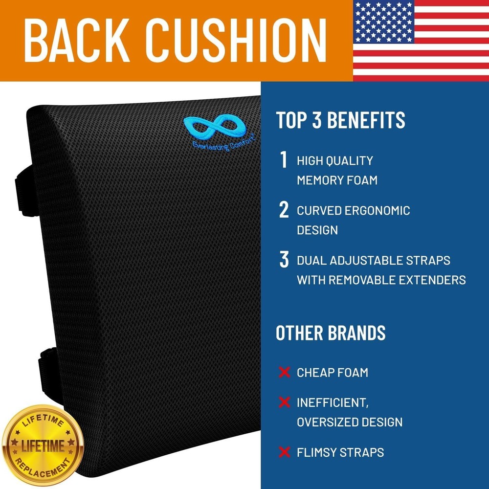 Brand New Lumbar Support Pillow - Adjustable, Memory Foam, Black, Standard