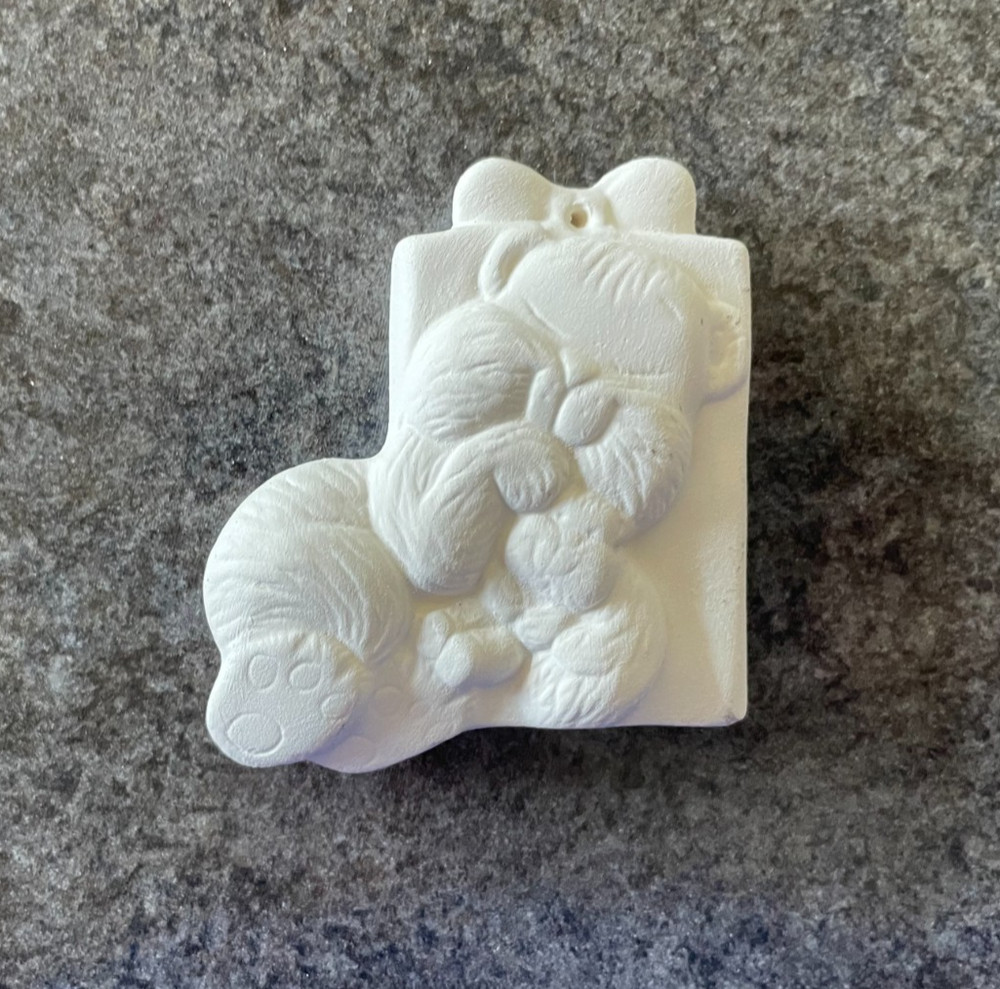 Sleeping Bear with Present Ornament Ceramic Bisque Ready-to-Paint*