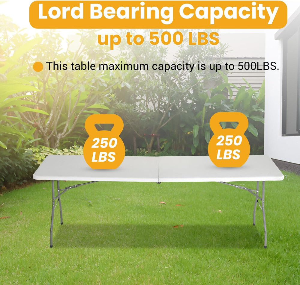 6FT Folding Table, Portable Fold-In-Half Plastic Picnic Party Table with Carryin