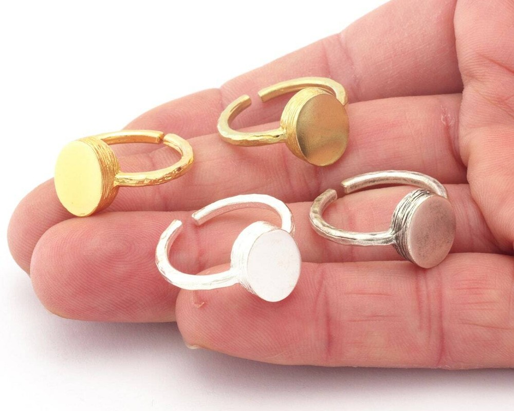 Oval Brushed Edge Ring Base Adjustable Silver,Raw Brass,Shiny gold-silver 4686