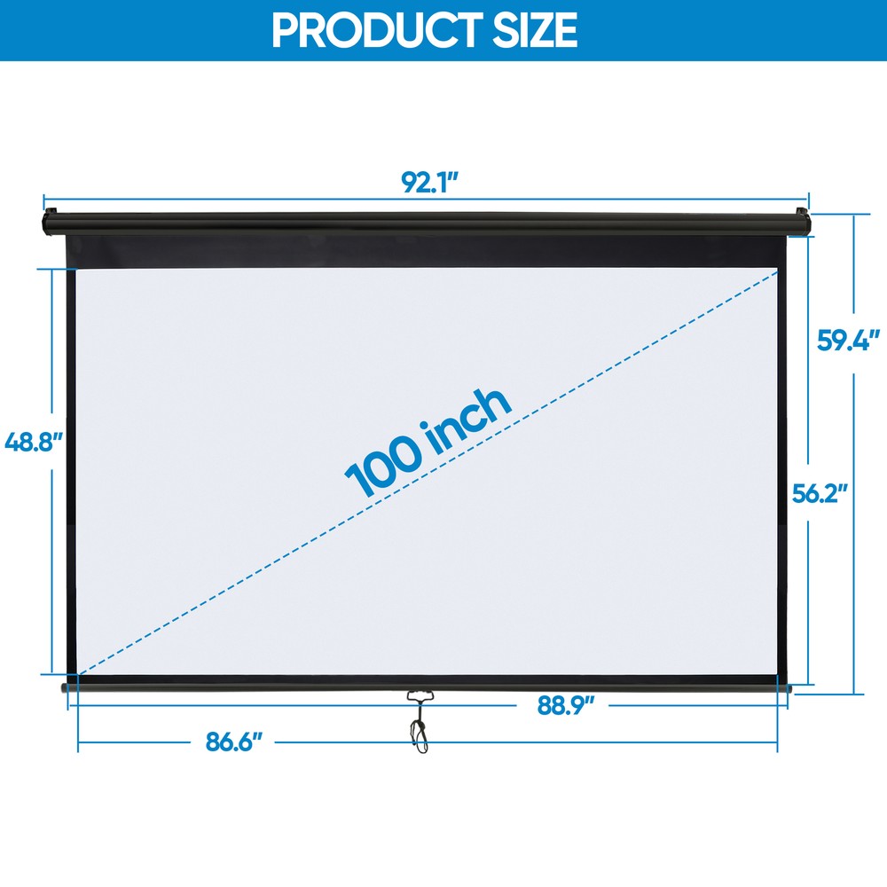 100'' 16:9 HD Projection Screen Manual Pull Down Projector Movie Screen Black
