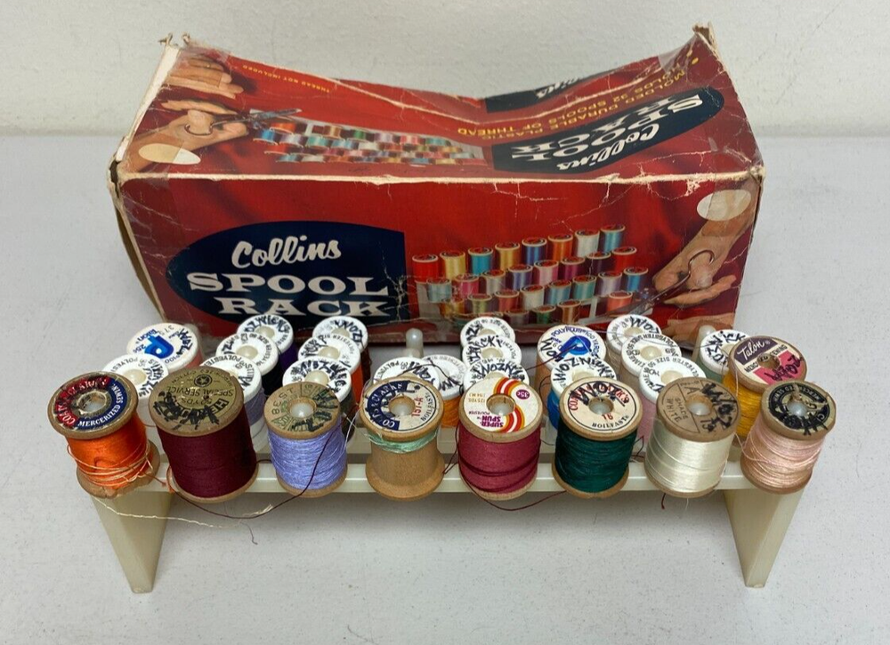 Vintage COLLINS SPOOL RACK HOLDS 32 SPOOLS OF THREAD/ WITH THREAD SPOOLS