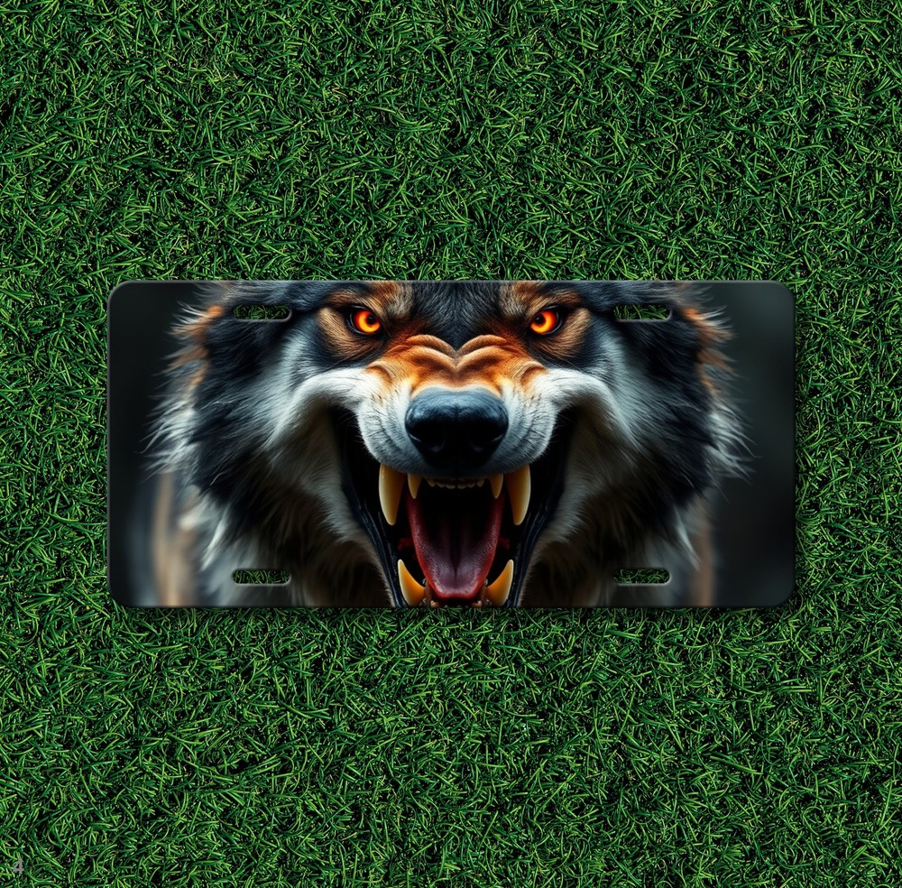 Fierce Wolf License Plate with Fangs Customizable Universal Fit Plate Anniversar