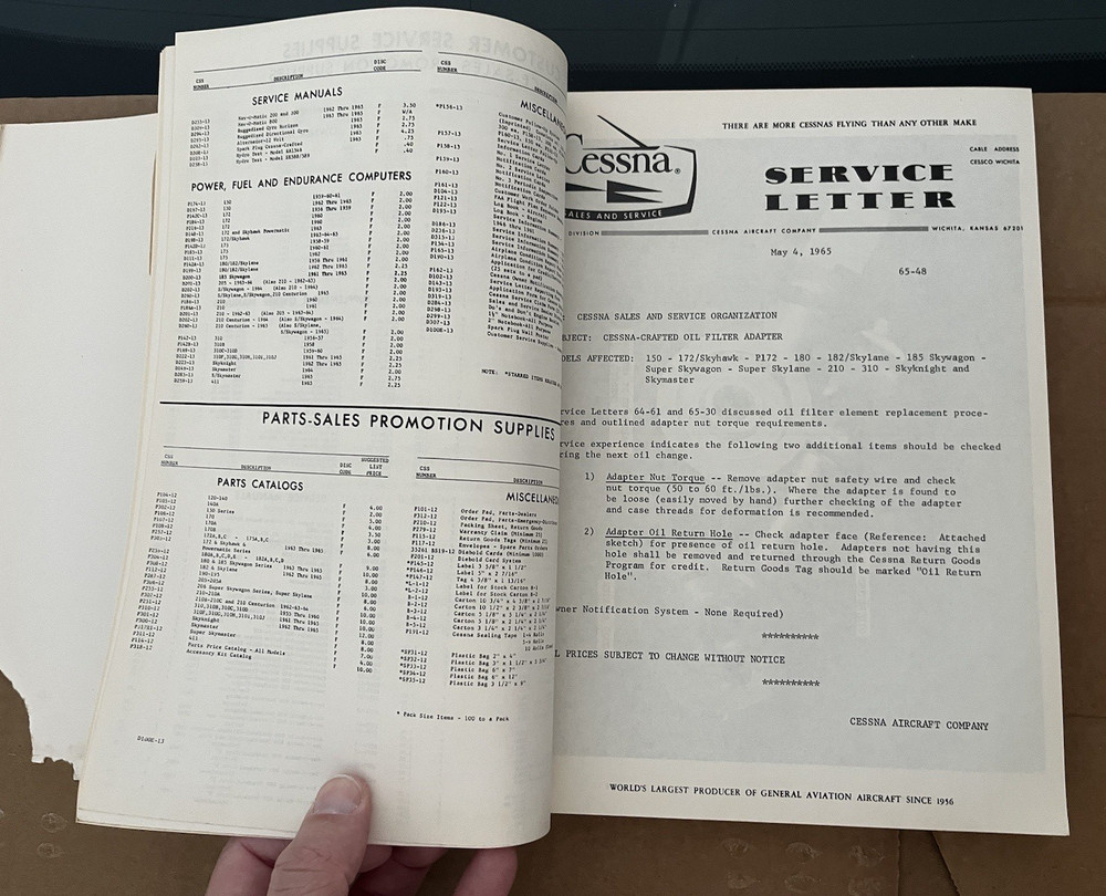 1965 Cessna Service Information Summary Manual All Models, Original Read