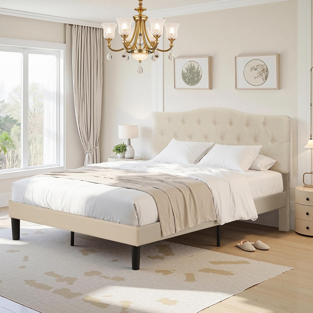 Vecelo Queen Platform Bed Frame - Beige Upholstered Headboard
