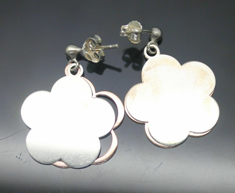 CHARMING SLIDING DANGLE FLOWERS TWO TONE STERLING SILVER POST EARRINGS