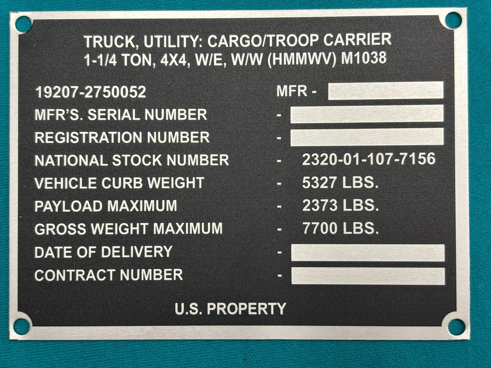 HMMWV Military Data Plate M1038 w/Winch US Army USMC Humvee