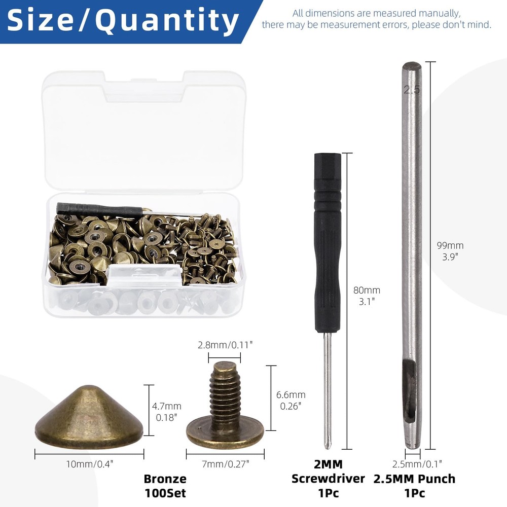 100 Sets Bronze Cone Spikes Studs Kit 4.7mm Bullet Screw Back Punk Leather