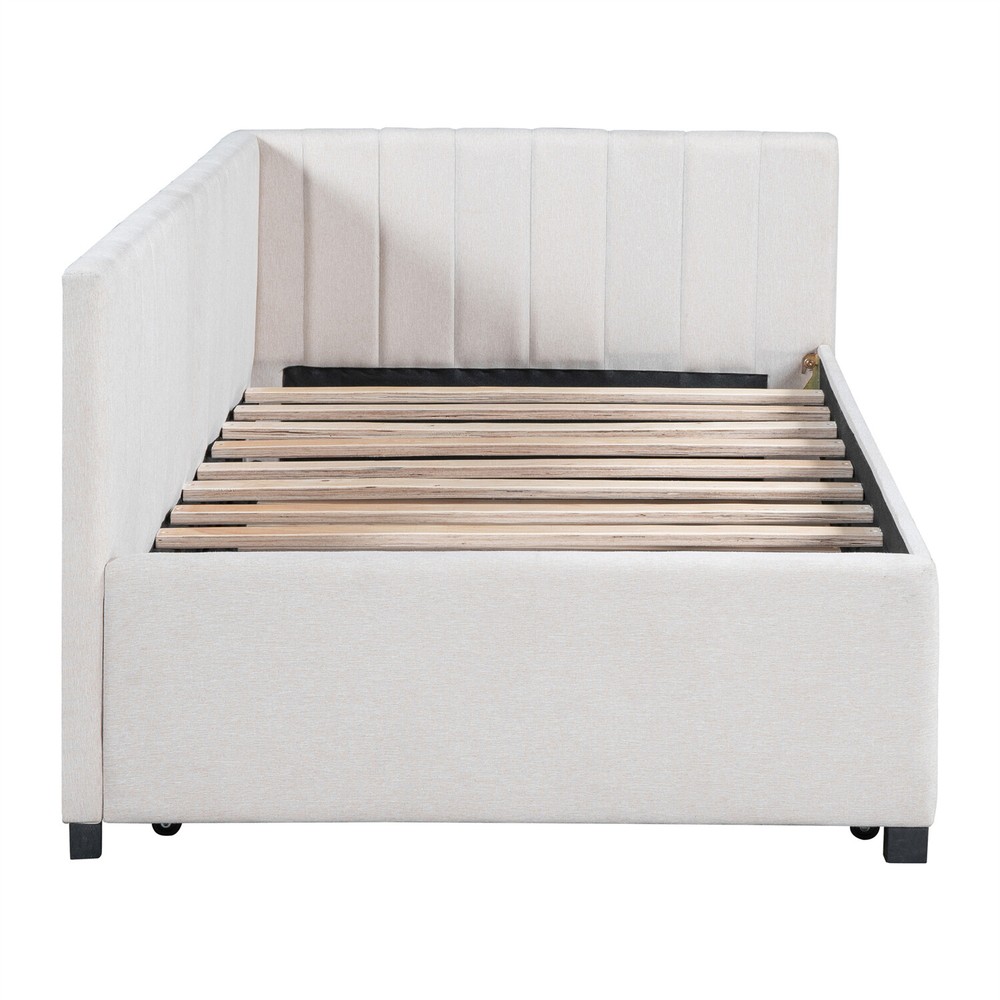 Twin Size Daybed w/ Pull Out Trundle Linen Upholstered Bed Frame Sofa Bed