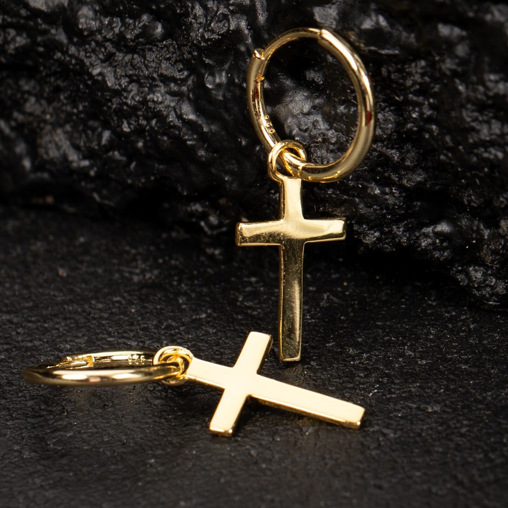 Solid Yellow Gold Plated Sterling Silver Dangle Cross Huggie Hoop Earrings