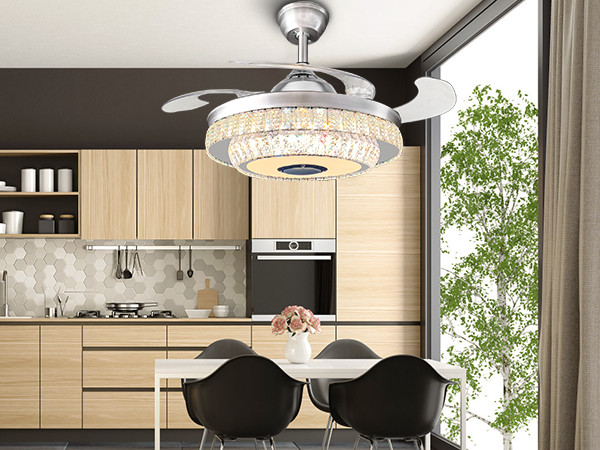 Bluetooth Crystal Ceiling Fan with Light – Retractable Blades, Dimmable LED