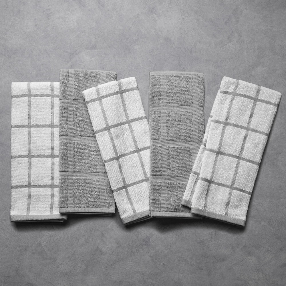 Kitchen Towels, Gray & White Windowpane, 5 Pack Set
