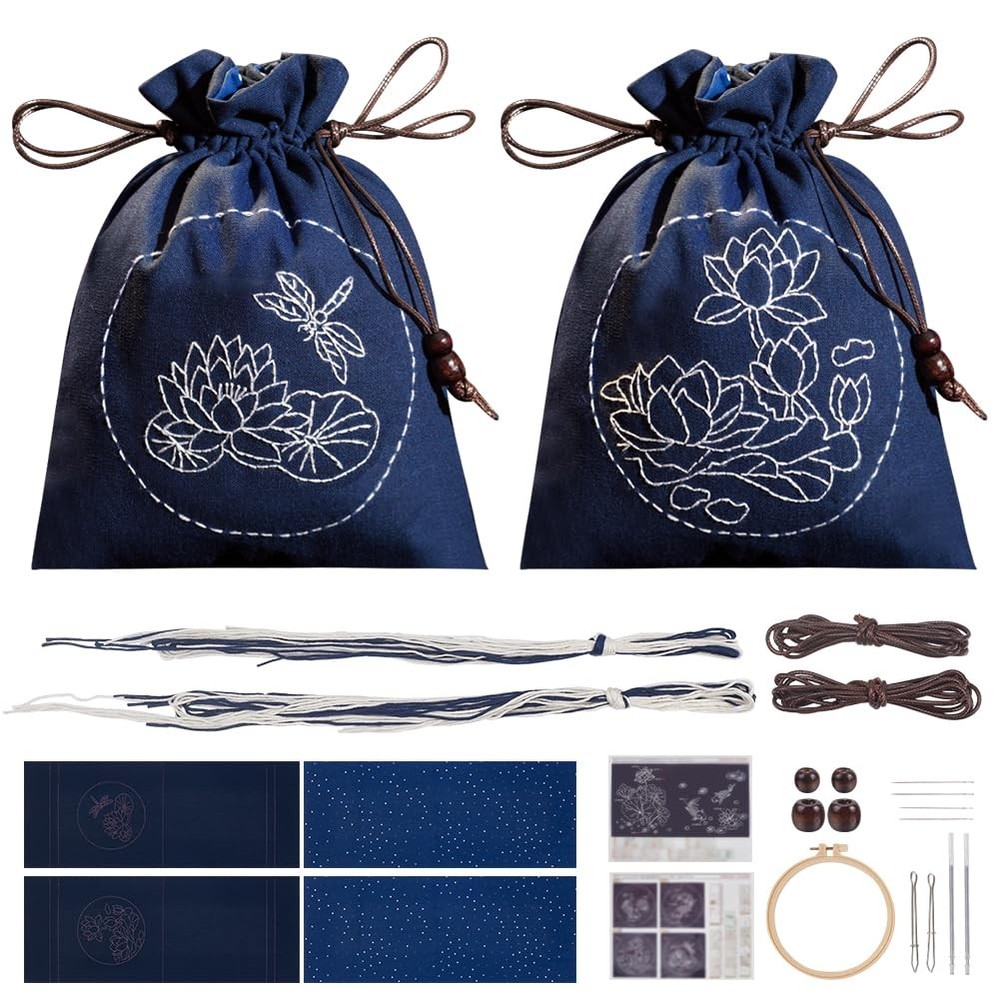 2 Set Embroidery Drawstring Bag Kits DIY Sashiko Kit with Complete Material S...
