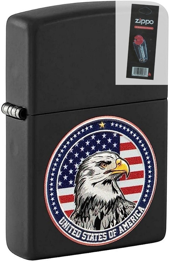 Zippo 08267 USA Eagle Texture Print Black Matte Lighter + FLINT PACK