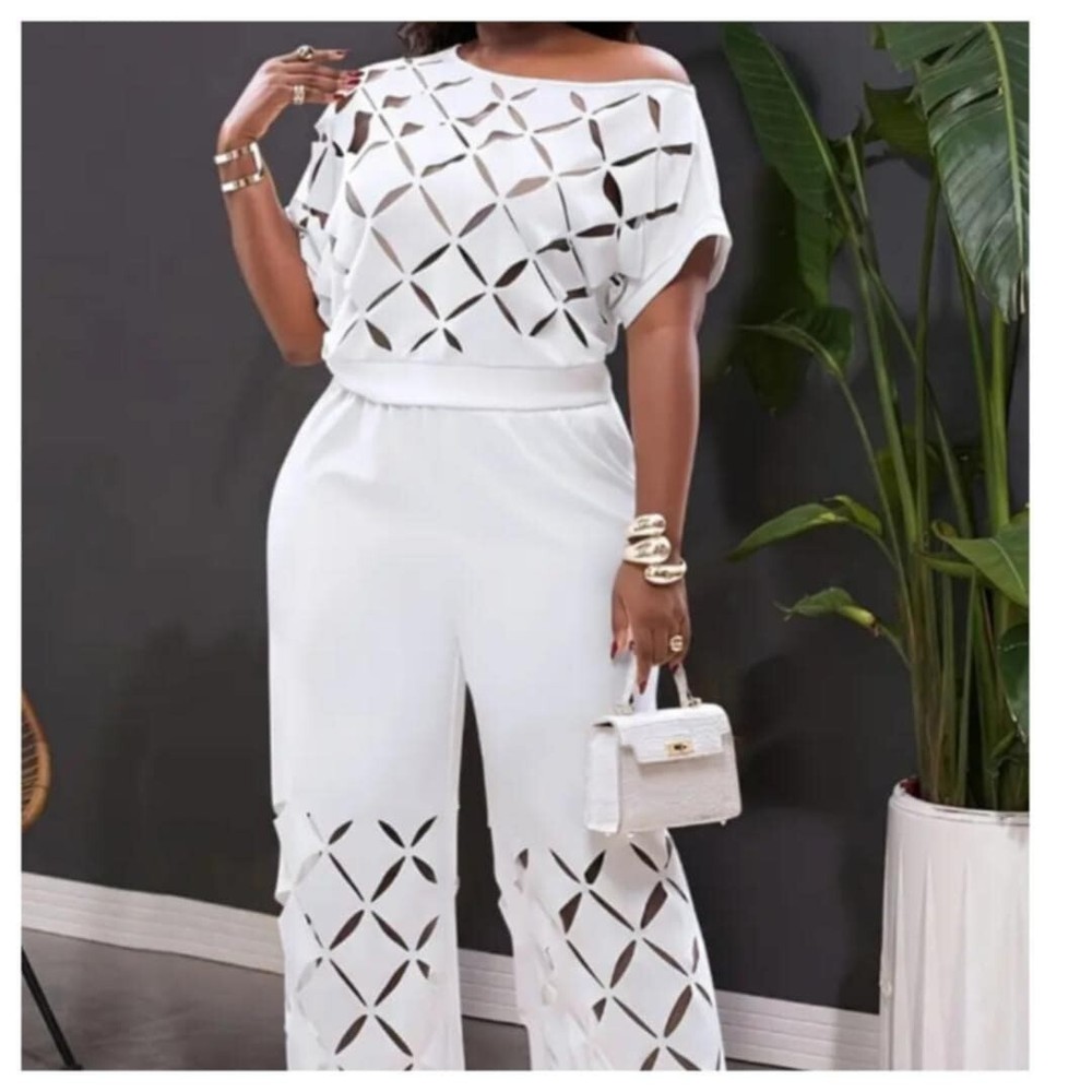 White Asymmetrical Shoulder Embroidery Two-Piece Set