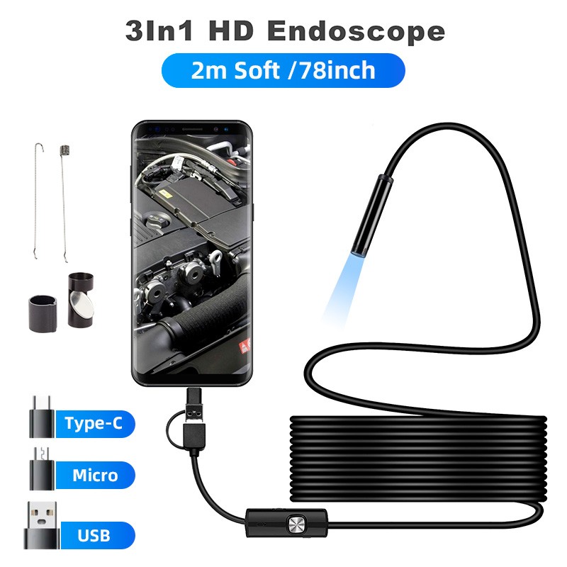 2M 7mm HD Snake Endoscope Borescope Inspection Camera for USB Type C Android PC