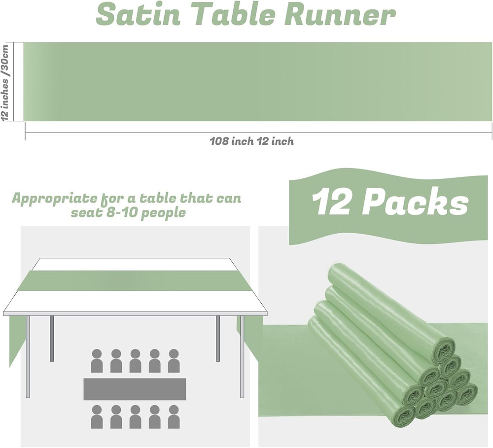 12 Pack Sage Green Table Runners 12 X 108 Inch, Rectangular Smooth Satin Silk Ta
