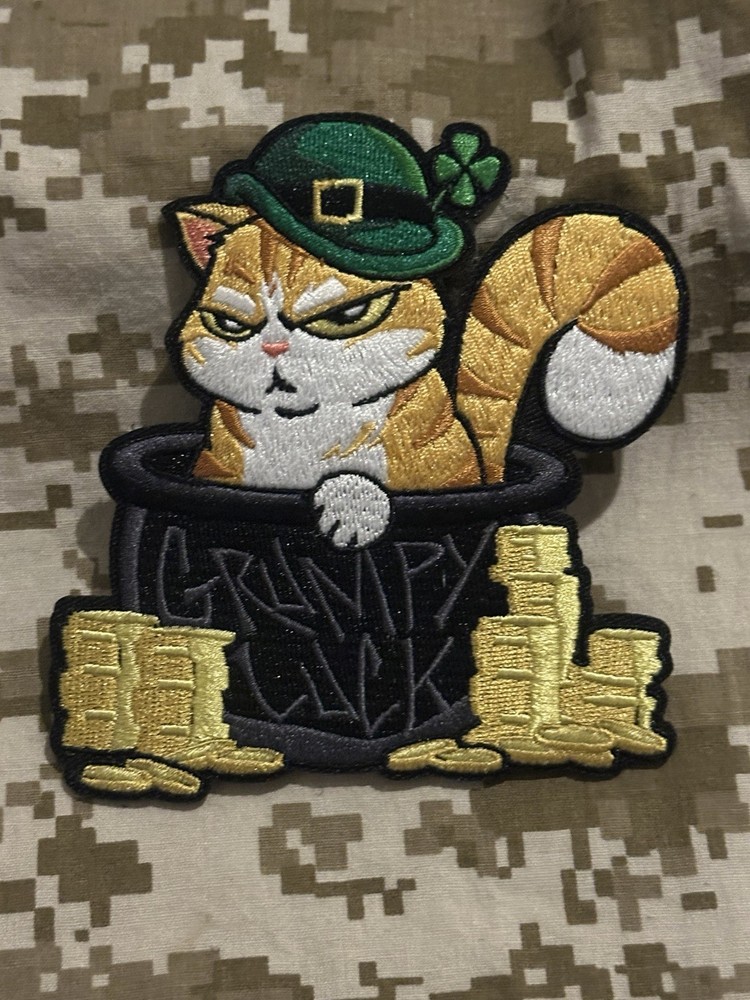 Grumpy Leprechaun And Grumpy Lucky Cat Embroidery Patch.