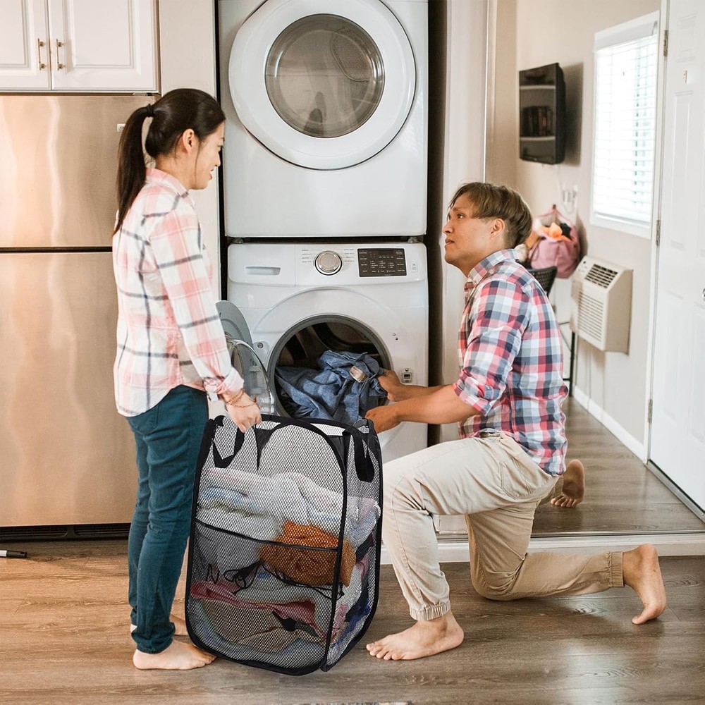 Collapsible Pop Up Laundry Hamper, Mesh Foldable Extra Large, 2P Black+Grey
