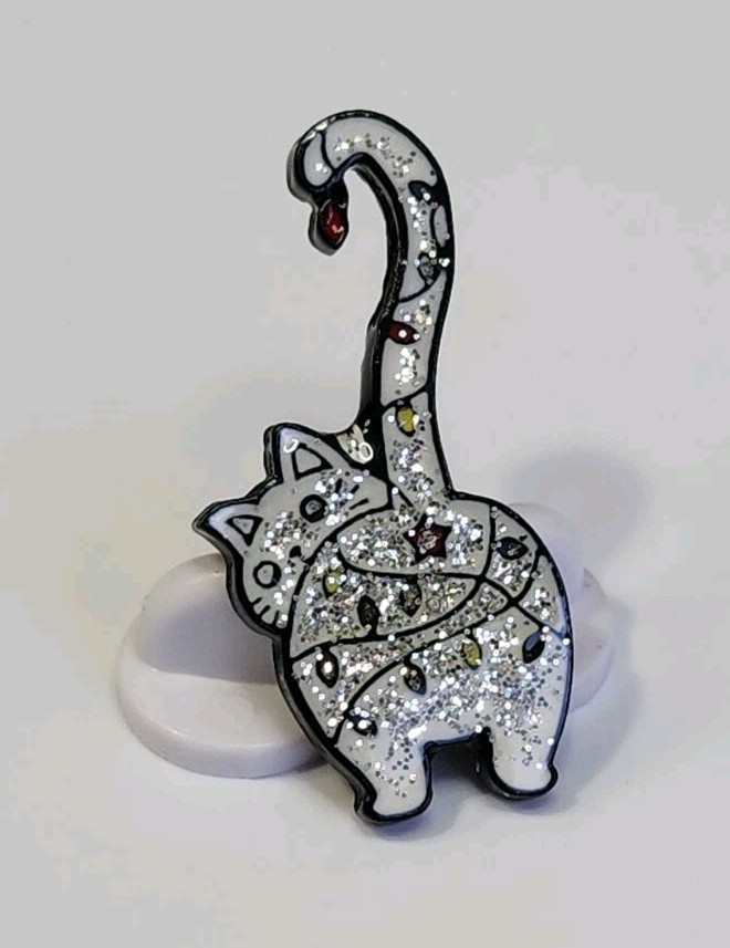 Glittery White Cat Walking Away Lapel Pin Sparkle!