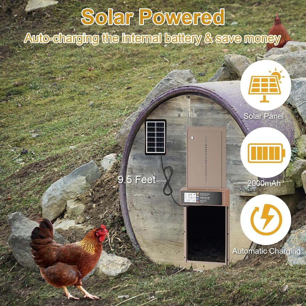 Solar-Powered Automatic Chicken Coop Door with LCD & Remote Control, 8.2' Width