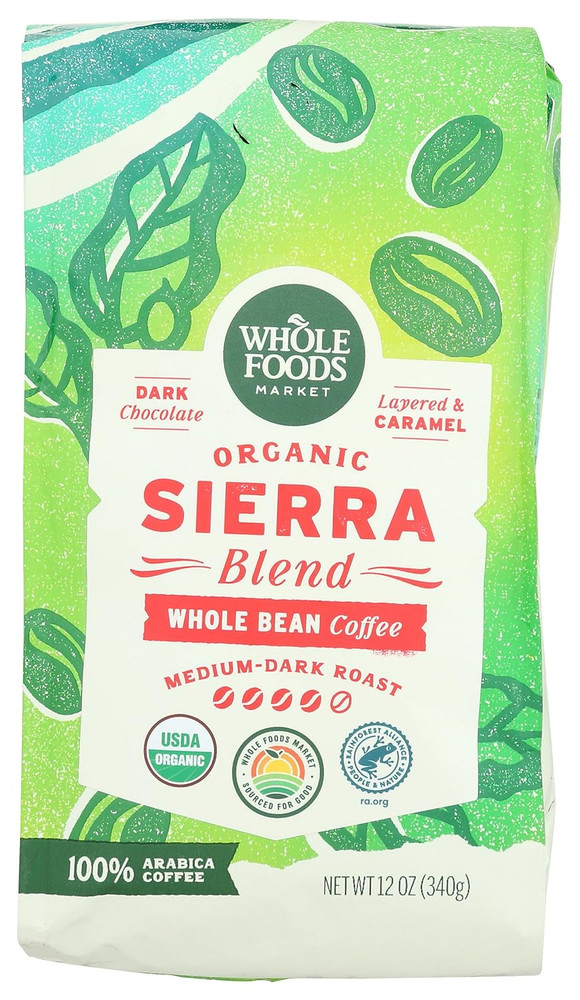 , Organic Sierra Blend Whole Bean Coffee, Medium-Dark Roast, Dark Chocolate & Ca