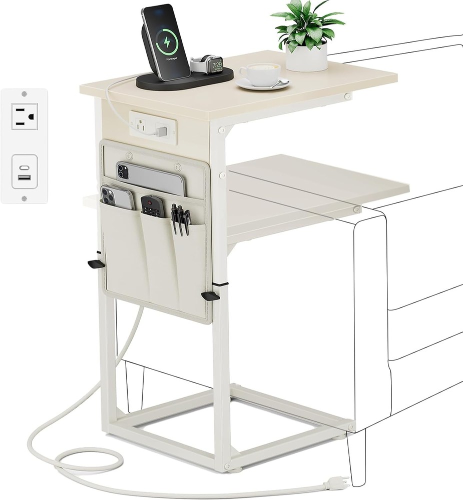 C Shaped End Table W/ Charging Station Adjustable Height Side Table Couch Small