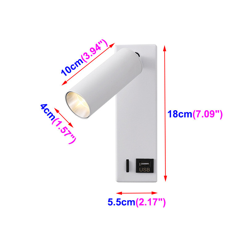 COB LED Bedside Light Wall Lamp Fixture USB Charging Port Switch Surface Mounted
