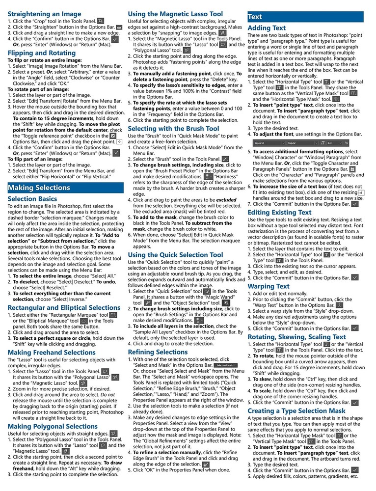 Photoshop 2020 Training Guide Quick Reference Card 4 Page Cheat Sheet Help