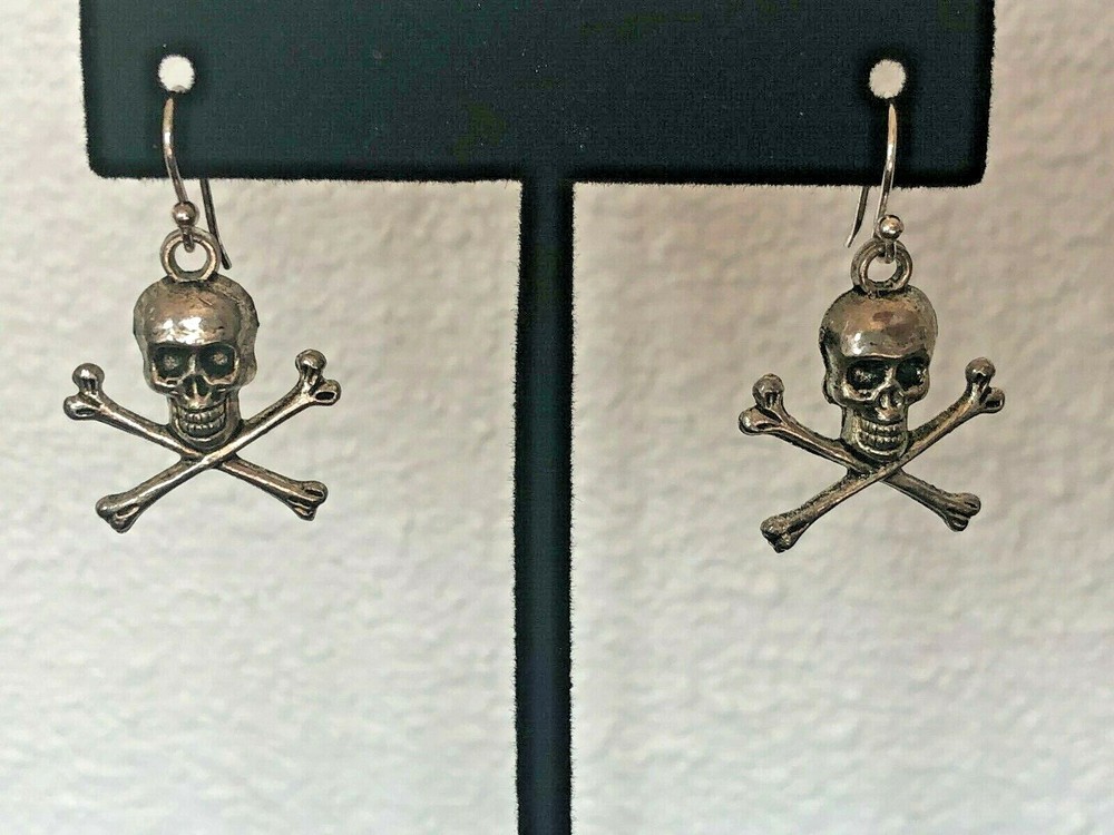 Skeleton skull bone pierced ear drop silver - tone silver plated post earrings