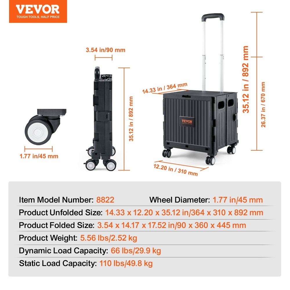 Foldable Utility Cart 110 lbs Load Capacity Folding Portable Rolling Crate