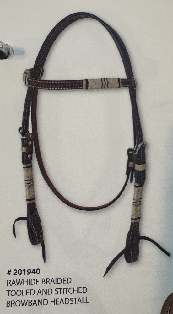 Headstall - Leather w/ tooled browband w/ rawhide trim