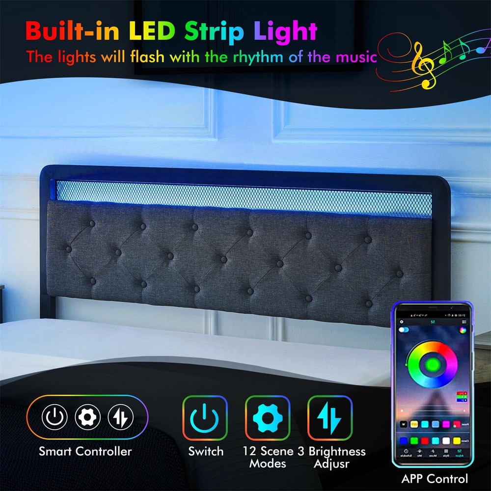 Upholstered Bed Frame with 2 Storage Drawers Queen Bed Frame with LED Lights
