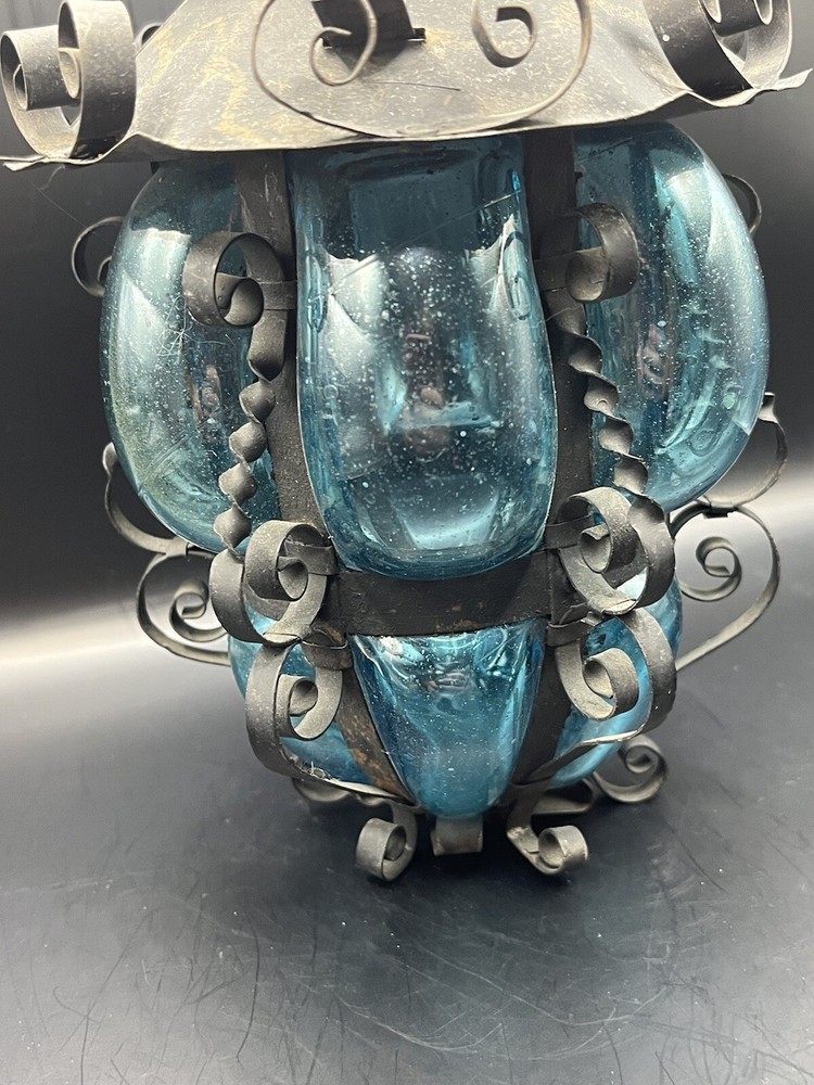 Old Handblown Blue Glass And Iron Lantern