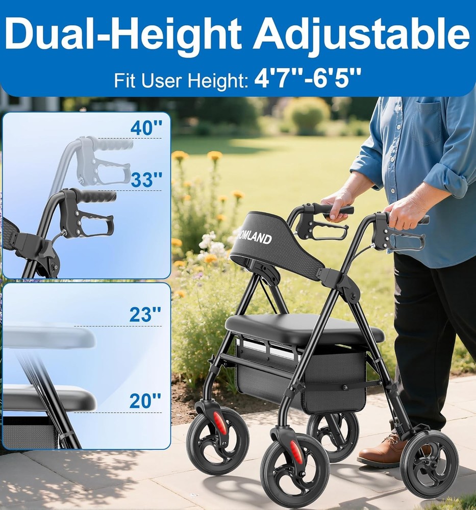 Heavy Duty Rollator Walker 500lb Bariatric Foldable Seat All Terrain