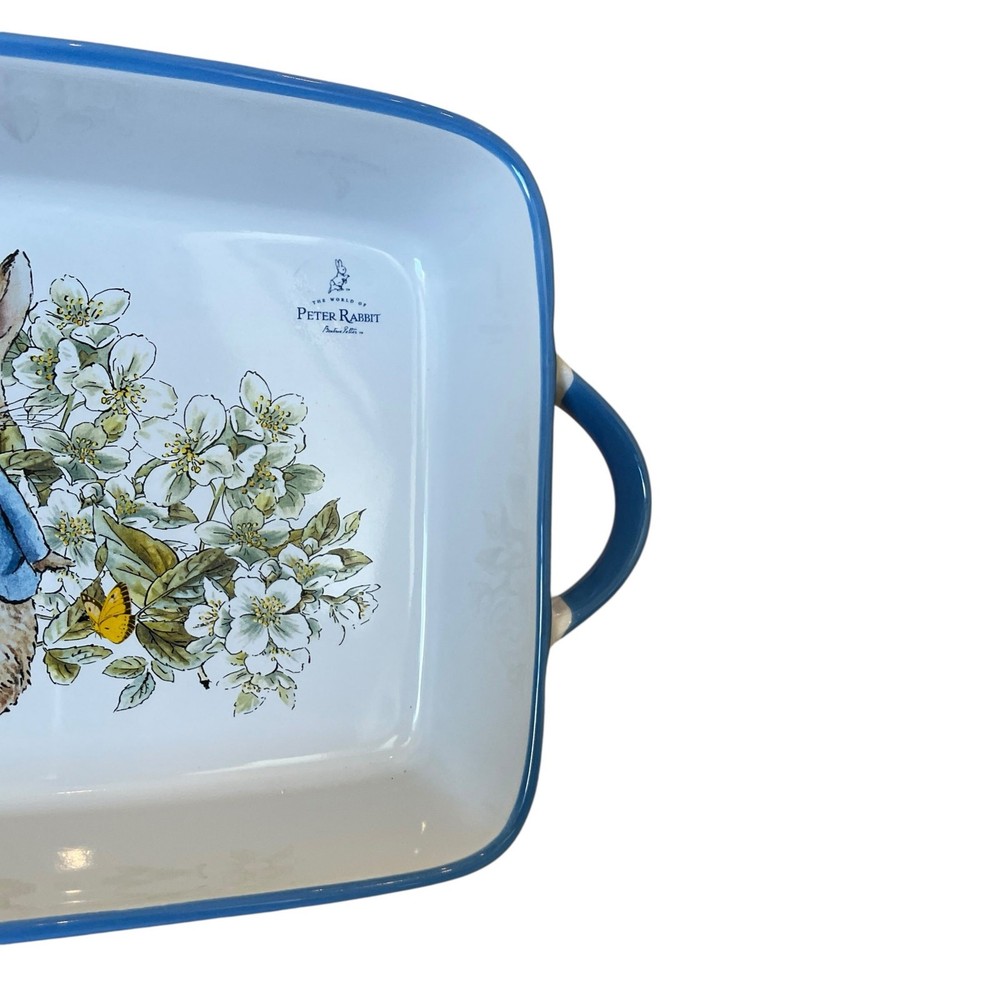 Beatrix Potter Peter Rabbit Rectangular Ceramic Baker Blue Rim Easter NEW