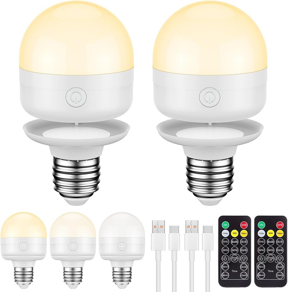 2Packs E26 Rechargeable Light Bulbs with Remote Control Timer and 700LM