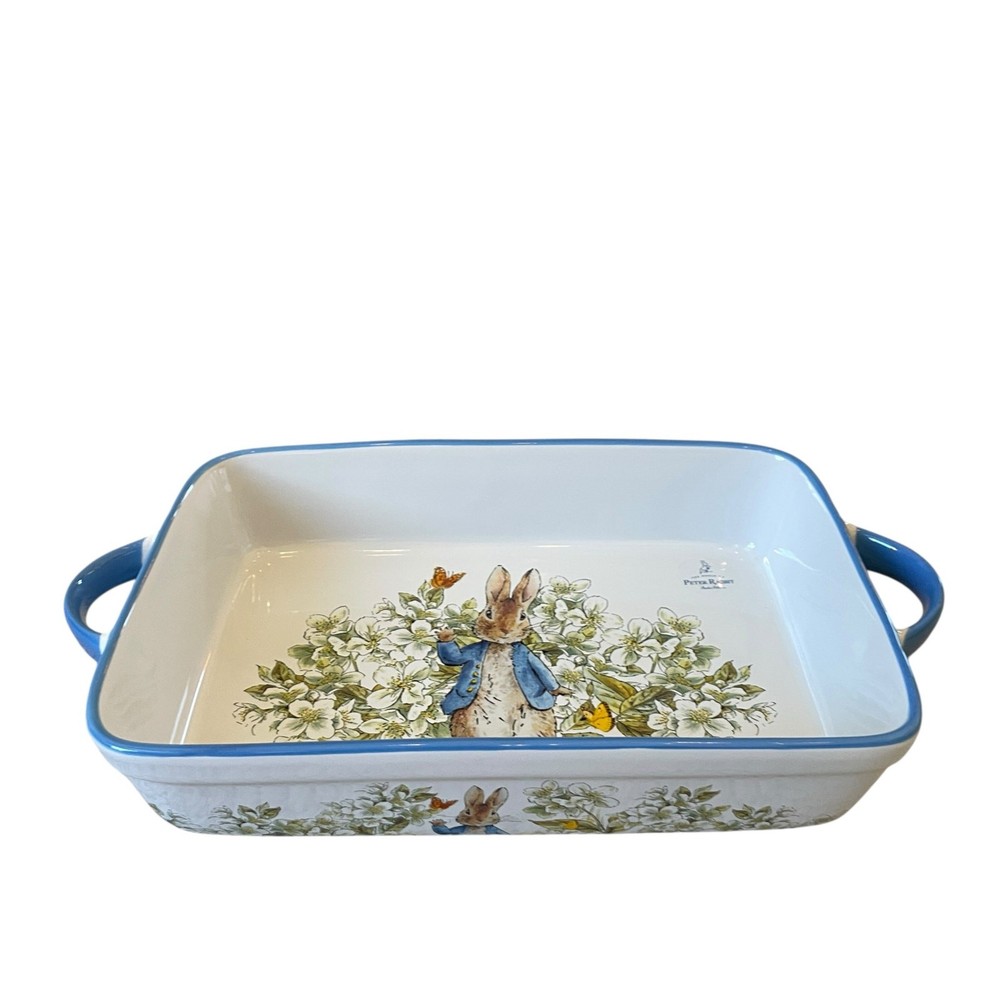 Beatrix Potter Peter Rabbit Rectangular Ceramic Baker Blue Rim Easter NEW