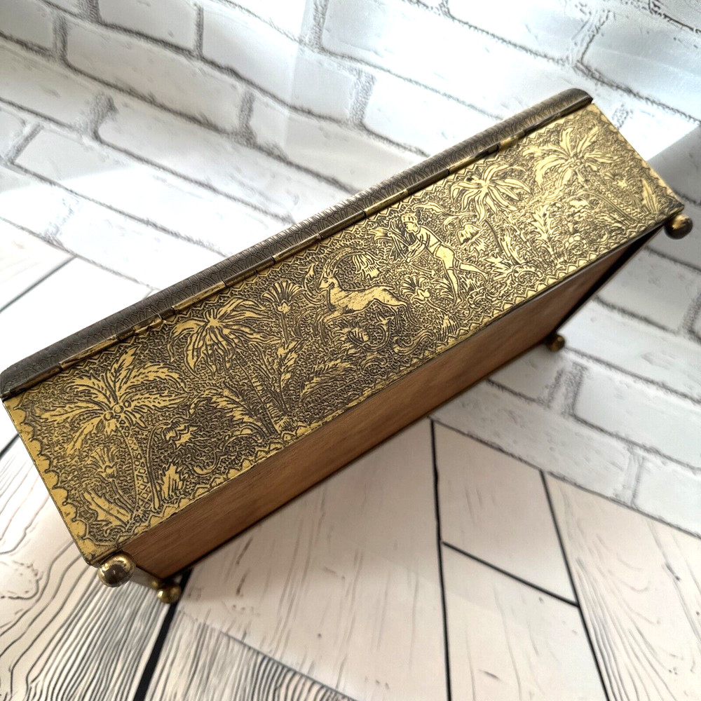 HAND TOOLED ENGRAVED SOLID BRASS STASH BOX CHEST ELEPHANT OX LION ELK HUNTER