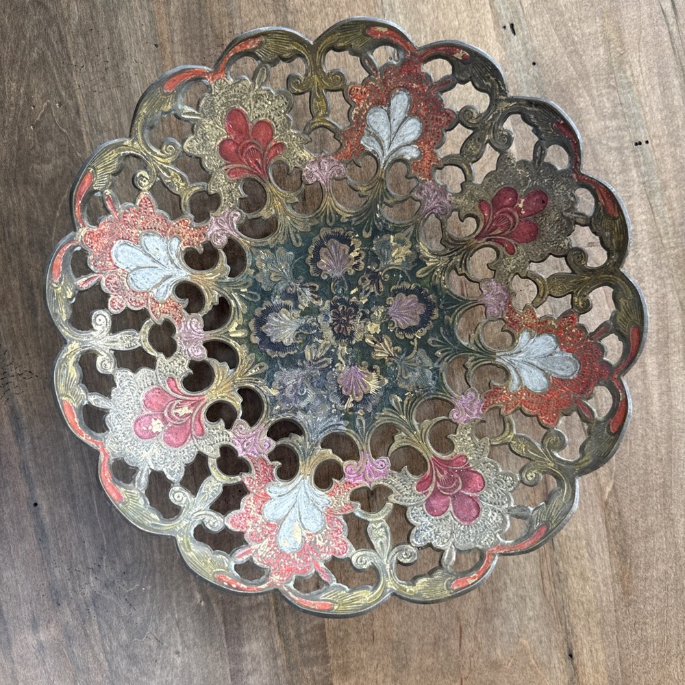 Vintage India BRASS ENAMELED Openwork Bowl
