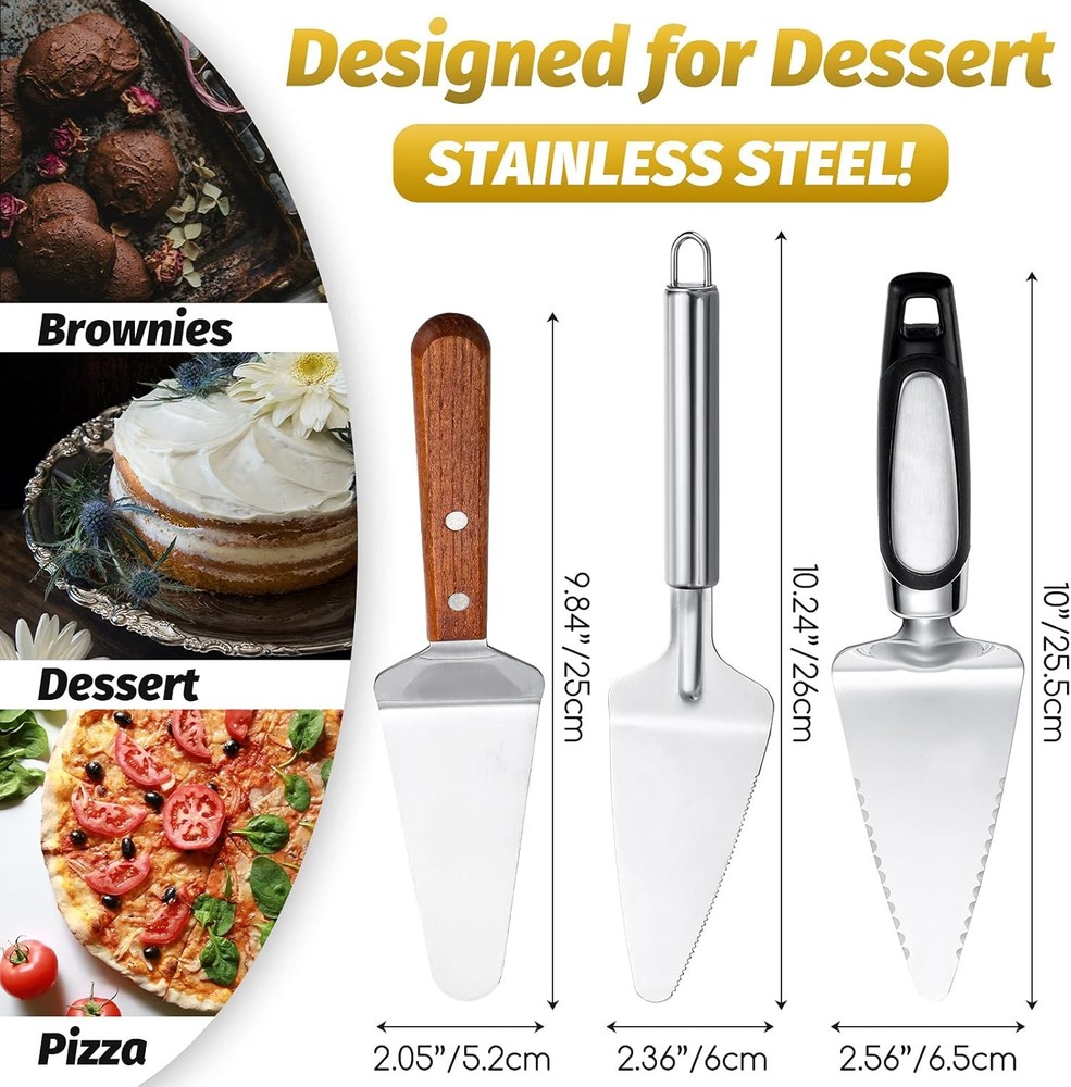 3 Pieces Pie Server Set Stainless Steel Pie Spatula Serrated with Comfortable