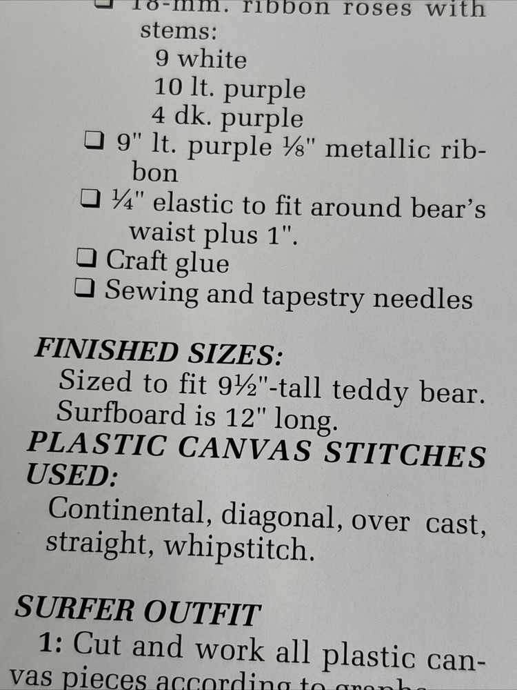 Beach Bear Set Surfboard & Sunglasses Annie's Attic Plastic Canvas Pattern