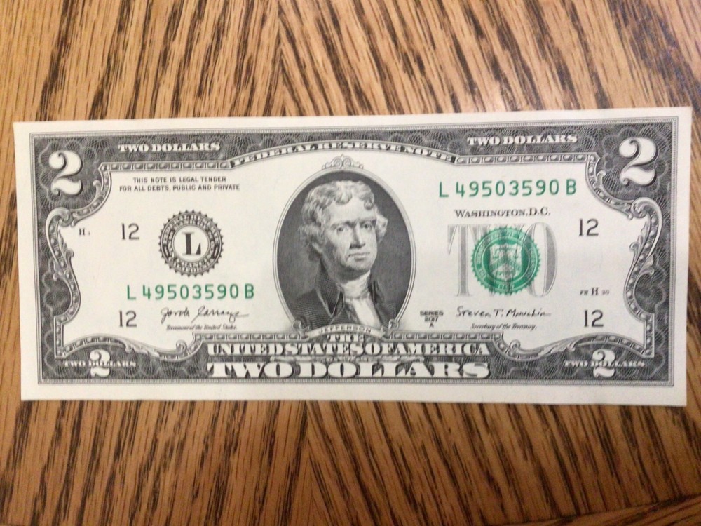 2017A Two Dollar Bill Uncirculated Consecutive Sequential -1 Note