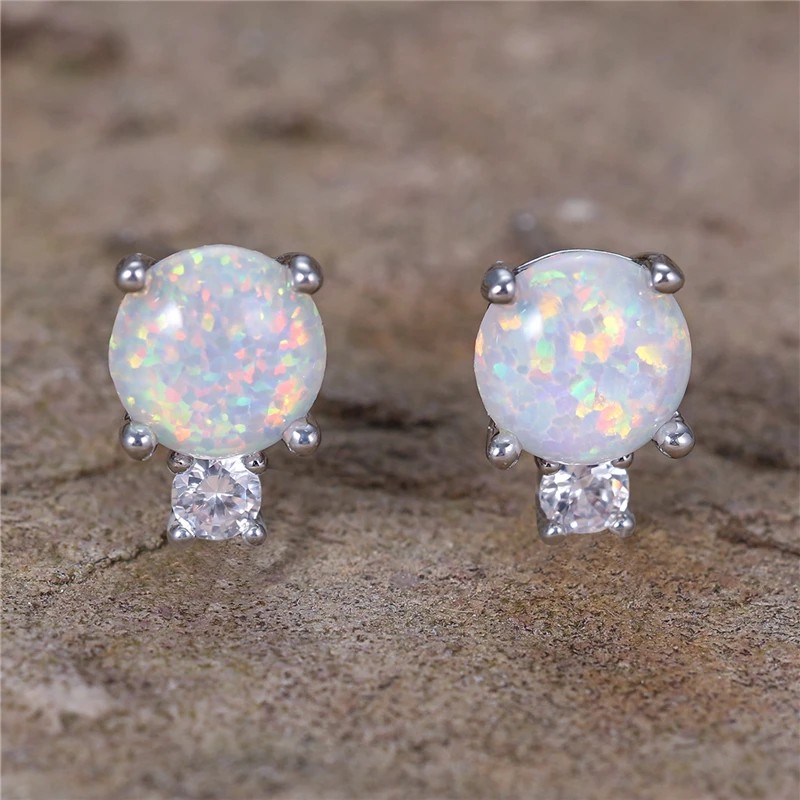 White Opal Fire Stone Small Round Stud Earrings 925 Sterling Silver