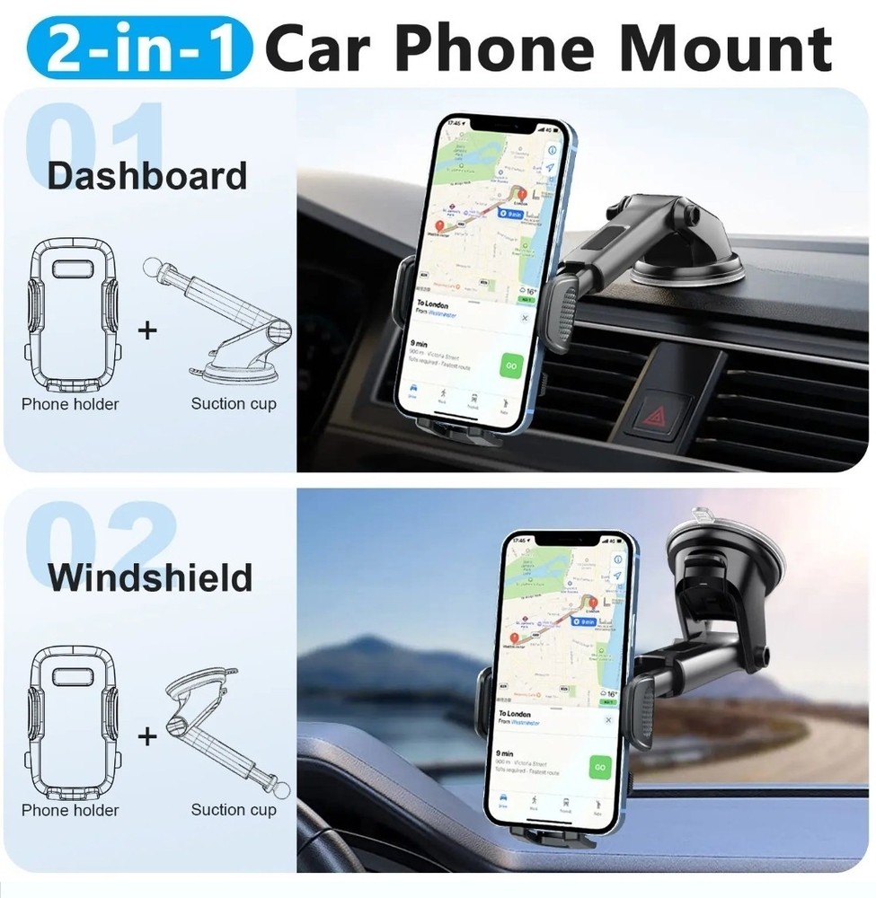 Car Phone Holder, Dashboard Windscreen Sturdy Suction Cup Mount, 360°Universal