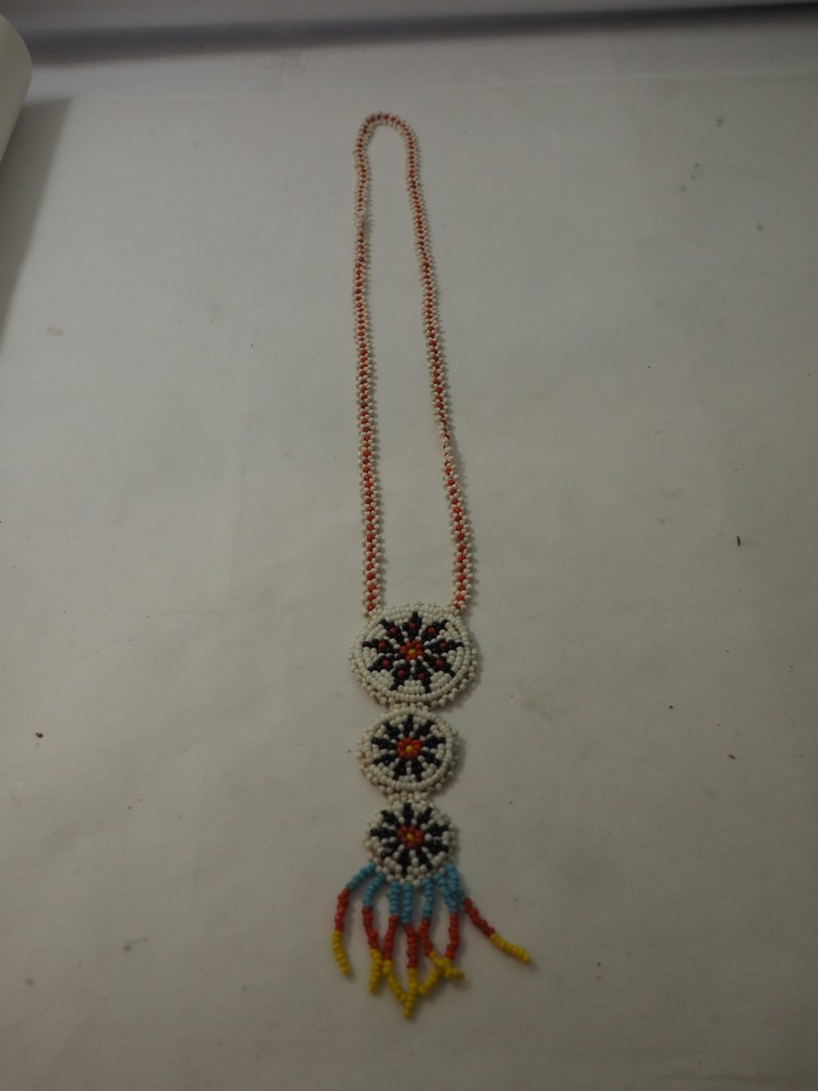 Vintage Handmade Micro Beaded Triple Panel Sunburst Necklace 24"