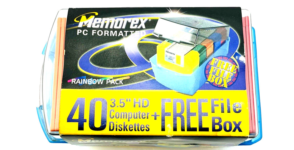 Memorex PC Formatted 3.5" HD 1.44MB Computer Diskettes Rainbow 40 Pack File Box