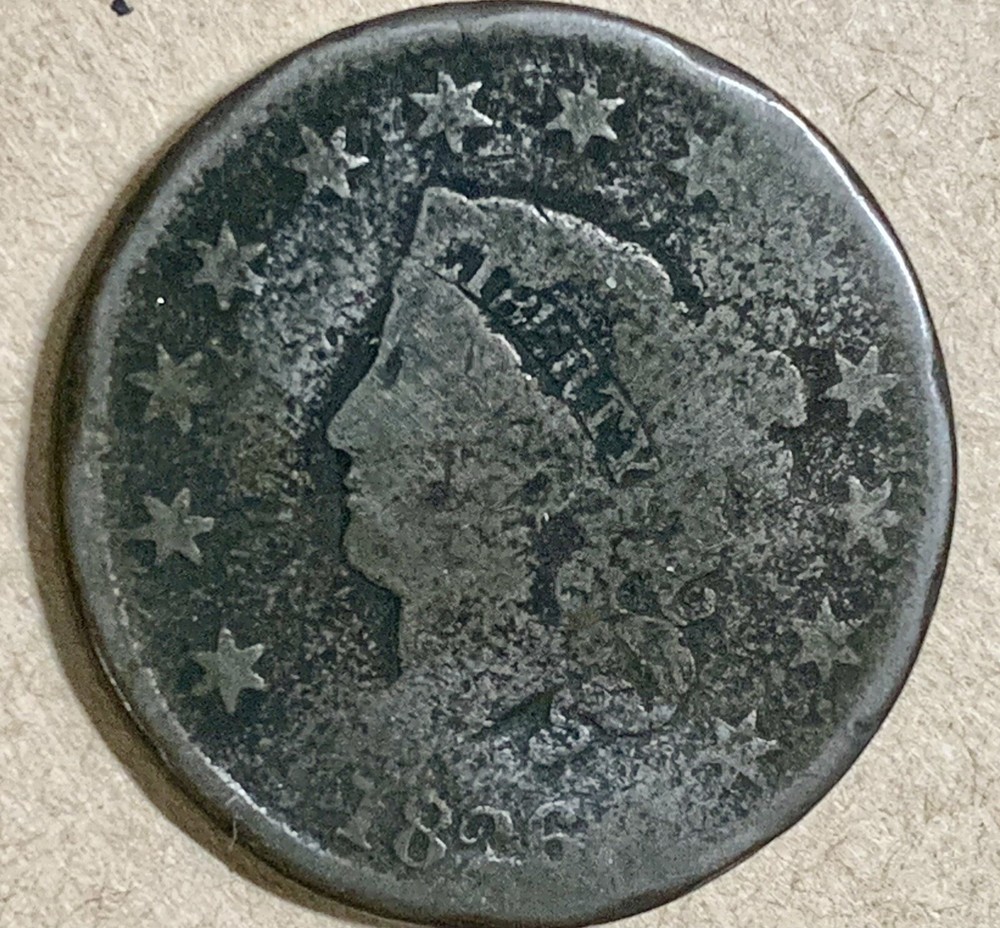 1826 Large Cent, Coronet 1C, Damaged, Ungraded Copper